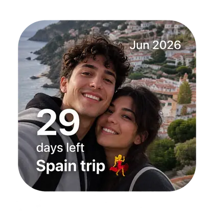 Closer countdown widget showing 29 days left until a Spain trip