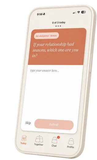 Closer daily question screen asking: if your relationship had seasons, which one are you in